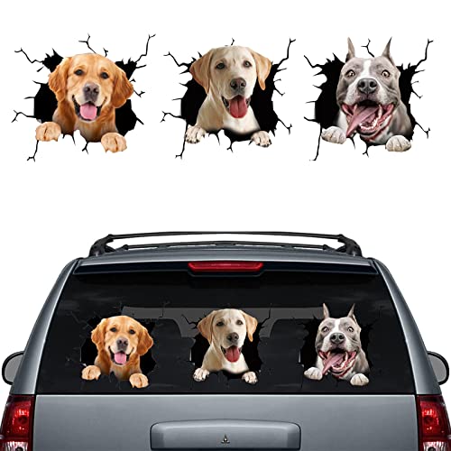 Funny Crack Dog Car Sticker 3 PCS, 3D Car Window Clings Labrador Golden Retriever Pitbull Realistic Animal Truck Wall Decal Pet Vinyl Static Sticker Glass Home Decoration