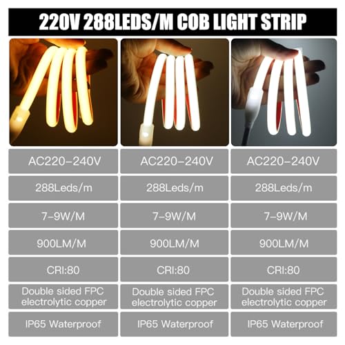 Wisada AC220-240V Neon LED Streifen Selbstklebend, 1M 288LEDs/m Superhell Flexible FCOB LED Leuchtband (Schnitt alle 50cm), IP65 Warmweiß COB LED Band mit Stromkabel für Weihnachten, Party-Deko