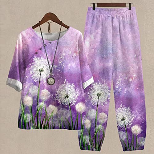 Mfjeseaa Jumpsuit For Wedding Ladies Cotton Linen Five Sleeve Printed Blouse Pants Two Piece Suit Women's Skiing Bibs Track Suit Pants For Women Dressy Pant Suits Purple #TOP1