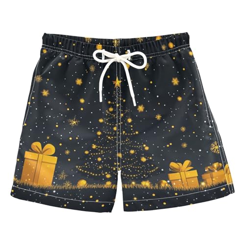 Aflyko Boys Board Shorts Gold Snow Tree Present Fashion Youth Swim Shorts, Relaxed Fit for Beach Holidays and Pool Parties, X-Large