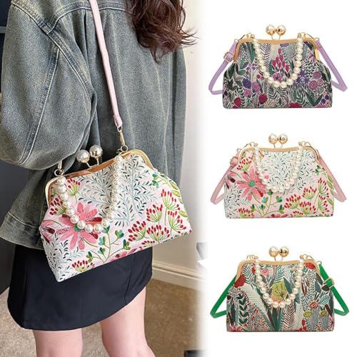 Vintage Embroidered Flower Handbag,Shoulder Chain Messenger Clutch,Chinese Style Embroidery Crossbody Bag Evening Bag (Pink)2