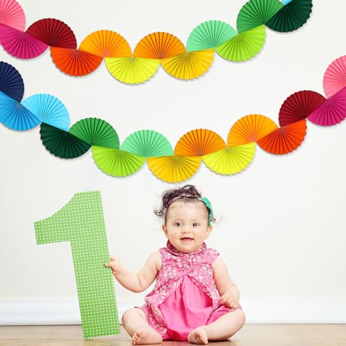 Image of 3 Pack Wedding Paper Fans Garland 15.6ft Colorful Background Ceiling Hanging Decorations Set for Birthday Party Supplies 3D Bachelorette Party Decorations (Rainbow)