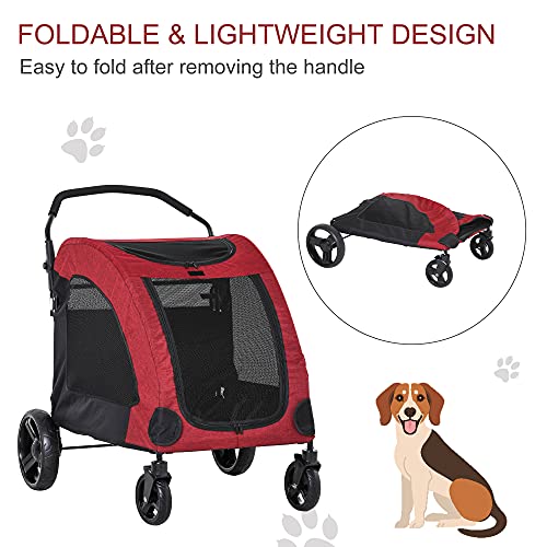 PawHut Pet Stroller Universal Wheel with Storage Basket Ventilated Foldable Oxford Fabric for Medium Size Dogs, Red - Image 6