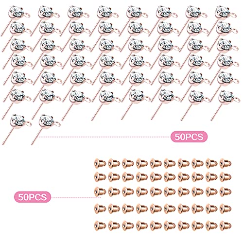 50Pcs Rose Gold Round Rhinestone Earring Posts With Loop Cubic Zirconia Stud Earrings And 50Pcs Metal Bullet Ear Backs For Women Men Girls Diy Dangle Earrings Jewelry Making #TOP1