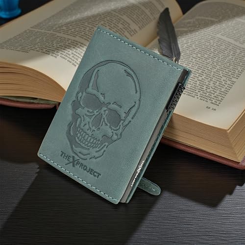 Image of The X Project Genuine Leather Wallet for Men | RFID Blocking Slim Bifold Wallet | Quick Card Eject Mechanism | Coin Pocket & ID Window | Premium Gift Box | Bold Skull Design (Blue)