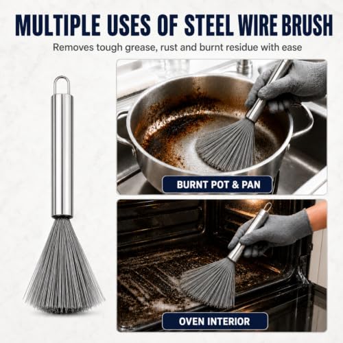 Image of Solitude Set of 5 Cleaning Brushes for Gas Stove, Chimney & Bathroom Gaps, Stainless Steel, Brass & Nylon Bristles, Crevice Cleaner, Scrubber for Kitchen, Sink, Burners