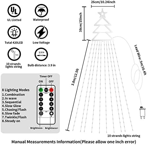 GCMacau 420 LED Christmas Tree Lights Decorations, 8 Modes & Remote Control Christmas Light Decorations with Topper Lights for Home Xmas Tree Wedding Yard Festival Indoor Outdoor (Multicolor)