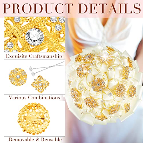 124 Pcs Bouquet Pins Flower Brooch Rhinestone Diamond Brooches Crystal Corsage Boutonniere Stick Pins Embellishments for Crafting Wedding Decor Supplies(Gold)4