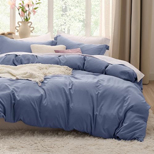 Image of Bedsure Slate Blue Duvet Cover Full Size - 3 Pieces Prewashed Extra Soft Cotton-Like Polyester Bedding Set, Includes 1 Duvet Cover 80x90 Inches with Zipper Closure & 2 Pillow Shams, No Comforter
