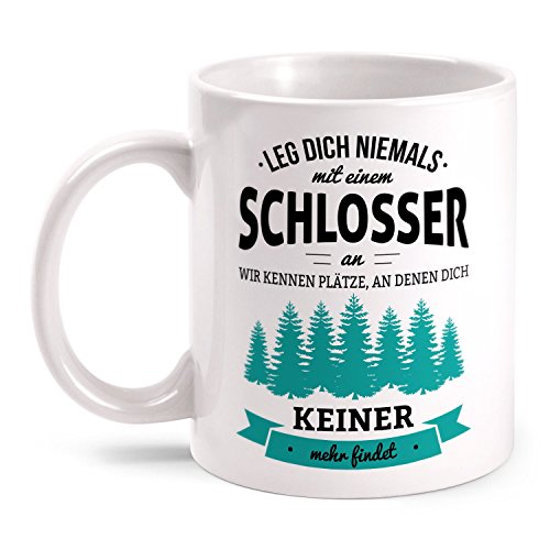 Fashionalarm Taza Leg dich nie mit einem Schlosser an beidseitig bedruckt mit Spruch | Geburtstag Geschenk Idee Metallbauer Beruf Job Arbeit Farbe:weiß