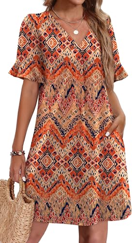 Image of OFEEFAN Summer Dresses for Women Ruffle Short Sleeve V Neck Casual Shift Dress with Pockets