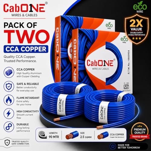 Image of CabONE 2.5 SQ.MM FR PVC Insulated Copper Electrical Wire, 90 Meter (Blue, Pack of 2) | ISI Marked Fire Retardant Single Core Cable for Home Wiring