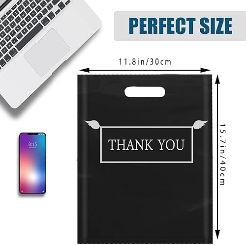 Miniatura 4 de Daarcin Bolsas de mercancía con texto en inglés "Thank You", 100 bolsas de compras de 12 x 16 pulgadas, bolsas de plástico troqueladas negras de