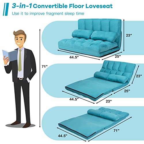 Costway Floor Sofa Couch With 2 Pillows, Foldable 6-Position Adjustable Lazy Sofa Bed Sleeper With Metal Frame, Soft Suede Fabric, Gaming Playing Lounge Recliner For Adults (Blue) #TOP2