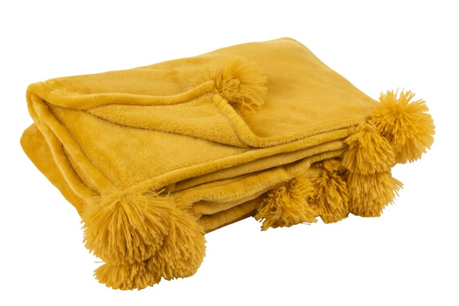 Couverture chaude et douce PUMPLIA jaune à pompons pour l'hiver