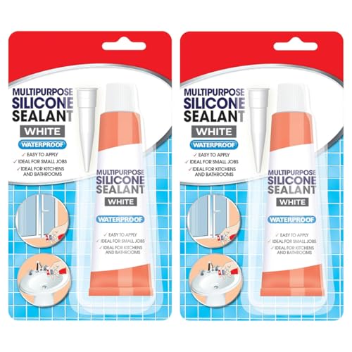 2 x Silicone Sealant White 70g Waterproof Multipurpose – Easy to Apply, Ideal for Small Jobs, Kitchens & Bathrooms