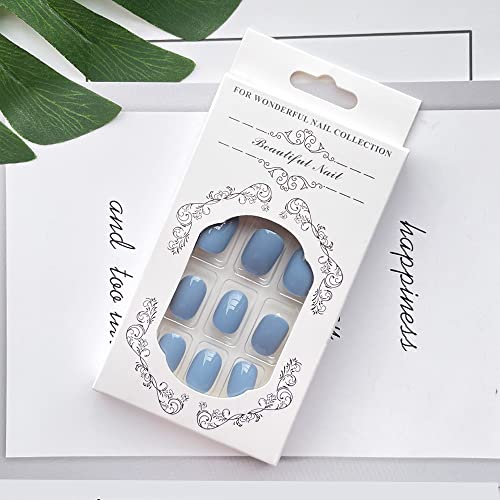 Square Press On Nails Short Square Fake Nails Blue Gray False Nails With Glossy Designs Artificial Full Cover Stick On Nails Glue On Nails For Women Girls Nail Decorations 24Pcs #TOP3