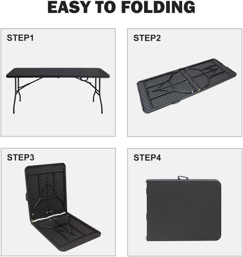 Elountik 6ft Folding Table for Camping, Picnics, Parties - Portable Plastic Foldable Table with High Load Bearing, Black