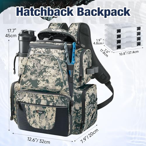 Image of Piscifun Fishing Tackle Backpack with 2 Rod Holders, 4 Boxes & Rain Cover