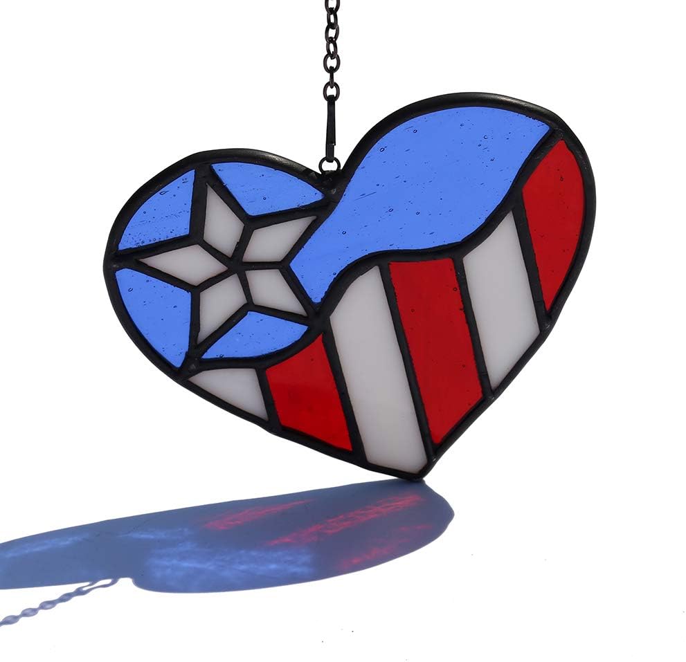 American Flag Heart Ornament, Tiffany Style Stained Glass Window Hanging, Patriotic Decor, Birthday Gift for Veteran, Men Father Grandpa Grandma