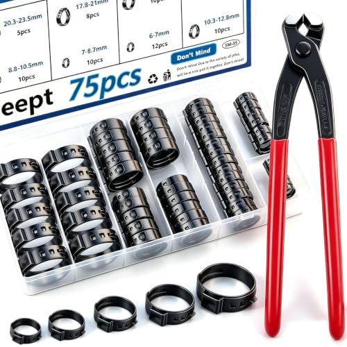 Image of 75Pcs 8-Sizes 304 Stainless Steel Black Single Ear Hose Clamps with Ear clamp plier 6-23.6mm Crimp Hose Clamps Assortment Kit for Auto /Home Appliance /Pipe /Fuel Line
