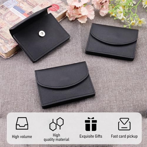 3 Pcs PU Leather Business Card Holders, Square Pocket Business Card Holder Wallet for Men with Metal Snap Button for Storing Change, Credit Cards, ID Cards (Black)3