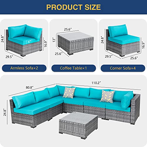 Shintenchi 7 Pieces Outdoor Patio Sectional Sofa Couch, Silver Gray Pe Wicker Furniture Conversation Sets With Washable Cushions & Glass Coffee Table For Garden, Poolside, Backyard (Blue) #TOP1