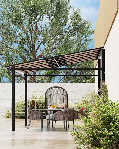 10'x 12' Lean to Gazebo, Hardtop Wall Pergola with Polycarbonate Roof, Aluminum Frame Mounted Gazebo for Lawn Patio Deck Yard and Party