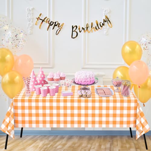 Image of WNINK 6 Pack Orange and White Checkered Rectangular Plastic Tablecloths, Orange Gingham Waterproof Disposable Table Covers 54 inch x 108 inch for Birthday, Wedding, Outdoor Picnic Camping Parties