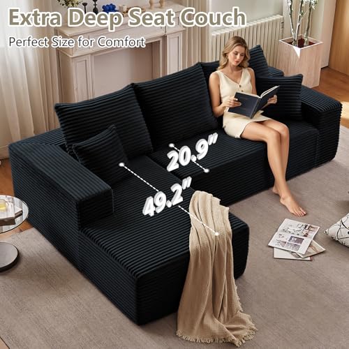 Image of 107 inch Cloud Sectional Couch with L-Shape Chaise, Modern Modular Comfy Sofa with Deep Seat, Upholstered Corduroy Couches Sleeper Chaise Longue for Living Room Bedroom, No Assembly Required, Black