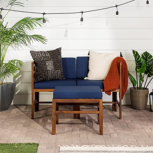 Pemberly Row Modular Acacia Patio Arm Chairs and Ottoman in Dark Brown/Navy Blue