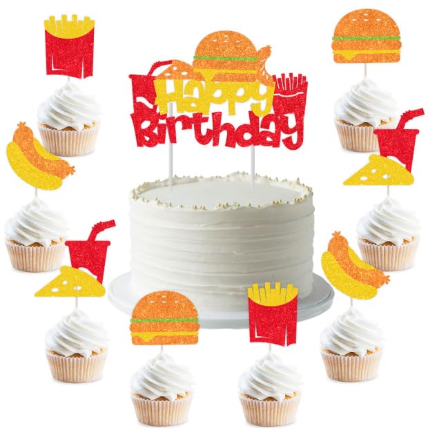 25Pcs Fast Food Birthday Cake Cupcake Toppers Hamburger Happy Birthday Cake Topper French Fries Hot Dog Cupcake Toppers Fast Food Cake Decorations Glitter for BBQ Burger Birthday Party Supplies