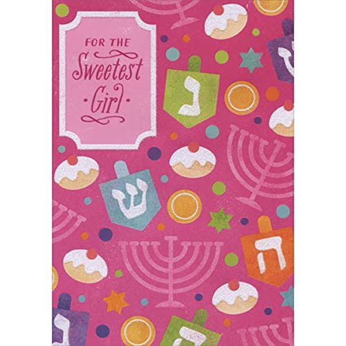 Designer Greetings Dreidels, Sweets, Stars and Menorahs on Dark Pink Juvenile Hanukkah Card for Young Girl