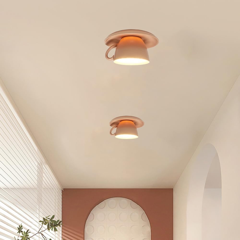 Artistic Coffee Cup Recessed Lighting - Ceramic LED Can Lights with Baffle Trim in Matte Pink, Retrofit-Ready Downlight for Corridor/Stairwell, Commercial Residential Ceiling Fixture