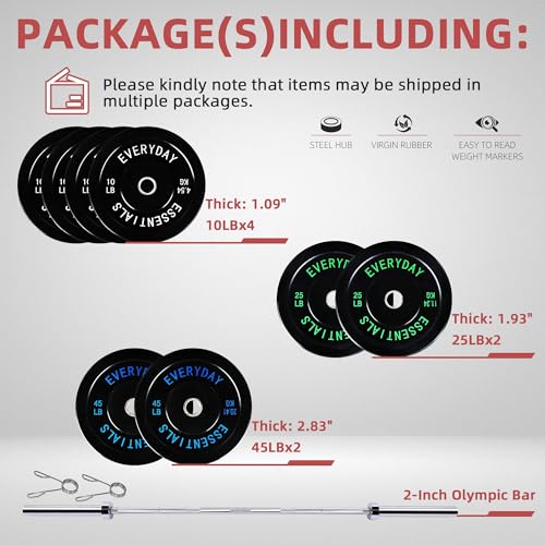 Fitvids 2-Inch Olympic Bumper Weight Plates Set Including 180 LB Weight Plates & 7FT Olympic Barbell Bar, Black