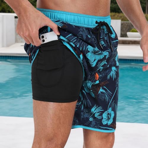 Mens Printed Swim Trunks Lightweight Board Shorts Elastic Waist Multi Pocket Beachwear2