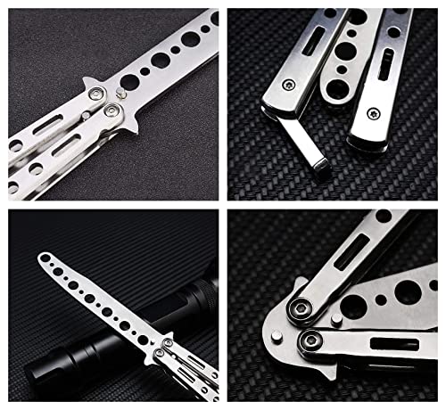 Image of Butterfly Knives Trainer with O-Ring Latch for Beginner, Balisong Trainer with Unsharpened Blade for Practicing Flipping Tricks, Stainless Steel Pocket Knives Trainer Tool (Silver)