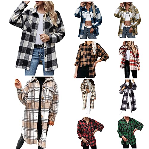 Plaid Shirts for Women Button Down Flannel Jacket Lapel Oversized Long Sleeve Tops Casual Cardigan Blouse