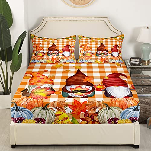 Cute Gnomes Bed Sheets Autumn Pumpkin Leaves Fitted Sheet Fall Thanksgiving Harvest Bedding Set Twin For Kids Teens Boys Girls,Holiday Farmhouse Vintage Theme Bed Cover Orange Buffalo Check Decor #TOP1