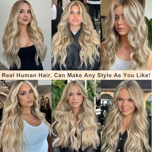 Image of Ombre Ash Blonde Highlight Lace Front Human Hair Wig for White Women, 180% Density 13x4 HD Lace Frontal Pre Plucked Tiny Knots Real Remy Wear and Go Glueless Wigs with Ash Brown Roots 16 Inch