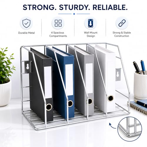 Image of Zepdos Stainless Steel File Organizer Rack for Desk, 4 Slot Magazine Holder & Document Organizer Stand, Wall Mounted Office File Holder for Books, Files Rack | Home & Office Desk Organizer