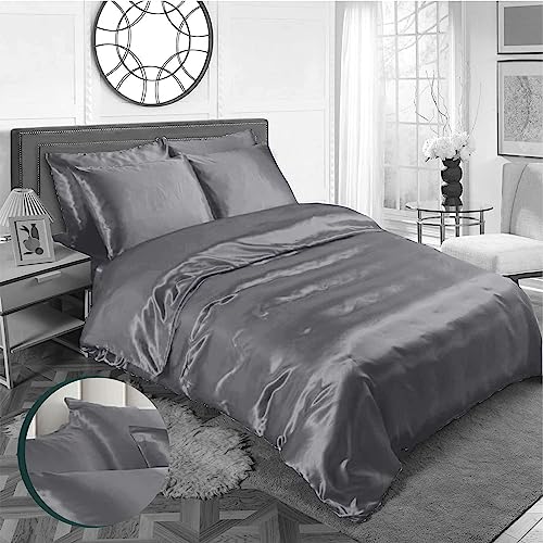 Al Ahmedani Linen 6 Piece Satin Sheets Queen And King Size With 4 Pillow Cases, 1 Satin Fitted Sheet, 1 Satin Duvet Cover - Gray #TOP19