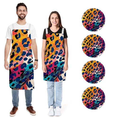 Tablier de cuisine avec 2 poches lin réglable lot de 2 anti-taches imprimé léopard