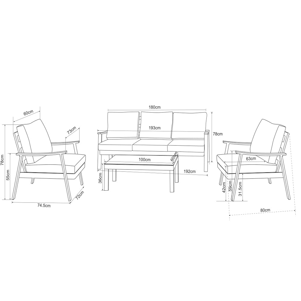 MOMMA HOME Set tavolo e poltrone da giardino - Tavolino e divani in terrazza, set giardino esterno, divano + 2 poltrone + tavolino da caffè in vetro temperato, JAVEA