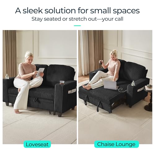 Image of LINSY HOME Loveseat Sofa with Pull Out Couch Chaise: 2-in-1 Convertible 2 Seater Sofa with USB Charging & Cup Holders, Comfy Plush Corduroy Love Seat for Small Spaces Living Room Apartment, Black