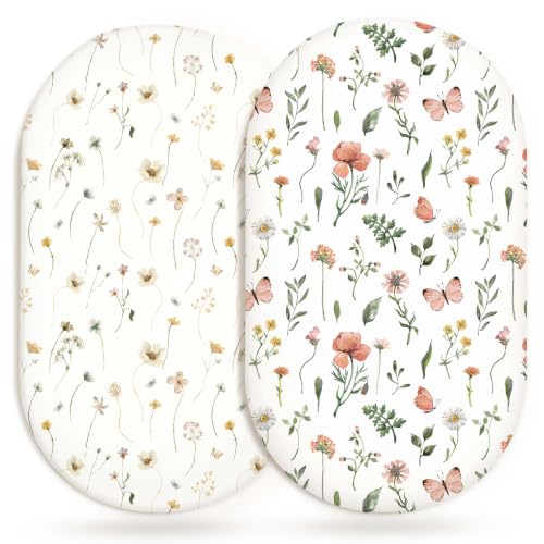 Image of Bassinet Sheets for Baby Girls Boys 2 Pack, Fitted Baby Mattress Sheet for Rectangle, Oval, Hourglass Bassinet Mattress, Breathable Cozy & Universal Fit (Butterfly Garden, Bassinet Sheet)