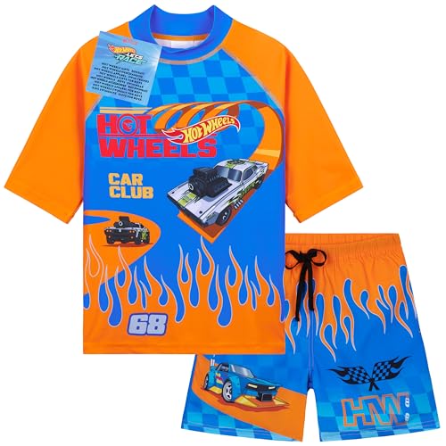 Get Trend Hot Wheels Conjunto de Bañador Niño Bañador Natacion Adolescente Set de Baño 2 Piezas Camiseta y Pantalones Cortos (5-6 Años, Hot Wheels Azul/Naranja)