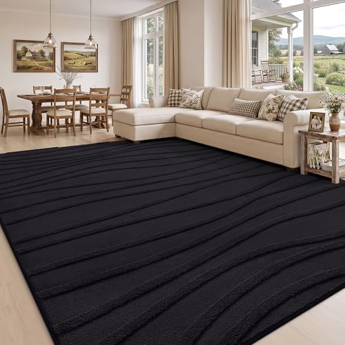 Homaxy Rugs Living Room 60x100cm Soft Plush Wave Pattern Area Rug Non-Slip Washable Bedroom Carpet for Kids & Pets Modern Short Pile Rug for Home Decor Black