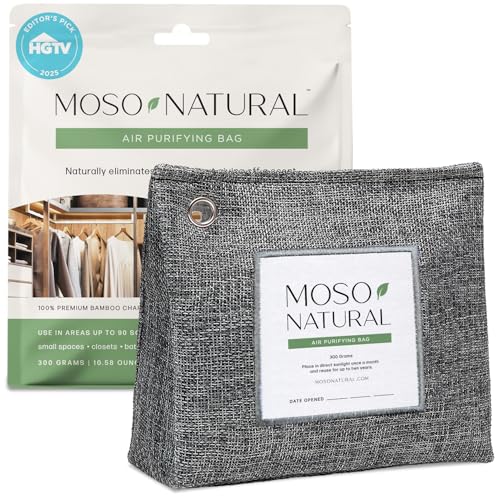 Moso Natural Bolsa purificadora de aire de 300 g, eliminador de olores sin olor para armarios, baños, lavanderías, zonas de mascotas. Absorbente de olores de carbón de bambú Moso de alta calidad.