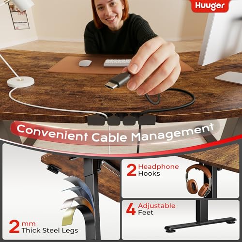 Image of Huuger Electric Standing Desk with Power Outlets and USB-C Port, 39 X 24 Inch Height Adjustable Desk, Sit Stand Desk for Home Office, Computer & Gaming Desk with 4 Presets, Rustic Brown